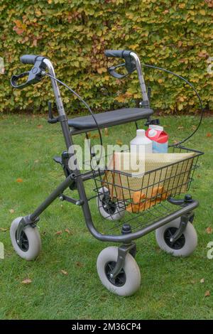 Rollator Walker extérieur isolé, panier avec sac et épicerie. Banque D'Images