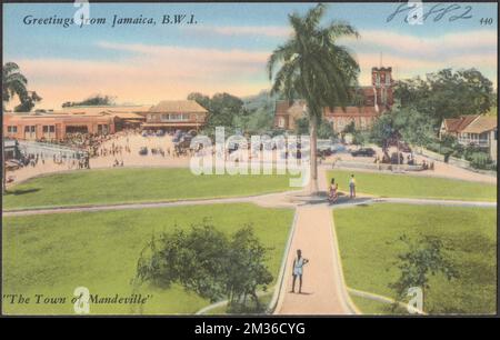Salutations de la Jamaïque, B.W.I. 'La ville de Mandeville' , Villes et villages, rues, Collection des frères Tichnor, cartes postales des Etats-Unis Banque D'Images