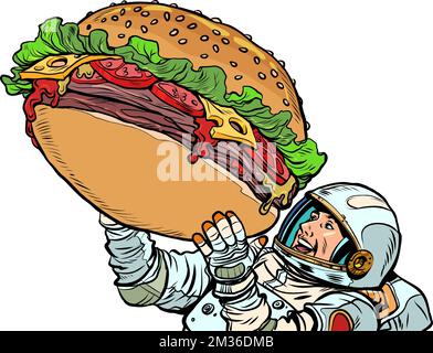 Un astronaute joyeux et un énorme hamburger. Restauration rapide de rue. Homme affamé sourire positif Illustration de Vecteur