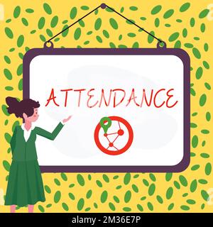 Participation aux légendes conceptuelles. Mot écrit sur aller régulièrement être présent à l'endroit ou à l'événement nombre de personnes Banque D'Images