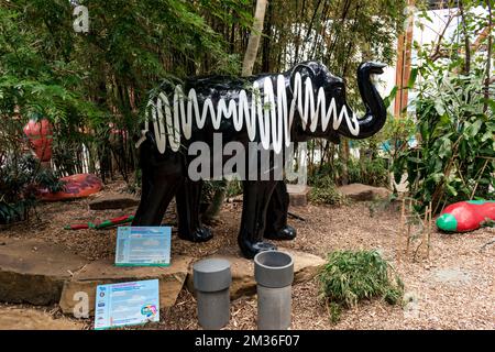 AM Elephant. Designer by Matthew Cooper and realised and painter by The Mural Artist. Sheffield Winter Garden is one of the largest temperate glasshou Stock Photo