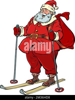 Noël et le nouvel an à skis. Costume rouge et grand sac avec cadeaux, personnage de vacances Illustration de Vecteur