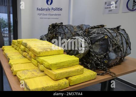 Cocaïne confisquée photographiée à Dendermonde le lundi 27 décembre 2021. Le 20 décembre, 150 kilogrammes de cocaïne ont été découverts dans le coffre d'un navire au port de Gand, lorsque l'équipage a repéré des plongeurs autour de leur bateau et en a avisé la police. BELGA PHOTO NICOLAS MATERLINCK Banque D'Images