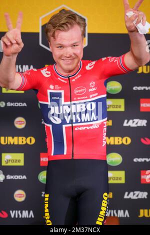 Norwegian Tobias Foss of Jumbo-Visma photographié lors de la journée médiatique de l'équipe néerlandaise de cyclisme Jumbo Visma à Mutxamel, Alicante, Espagne, le mardi 11 janvier 2022, en préparation de la saison à venir. BELGA PHOTO JOMA GARCIA Banque D'Images