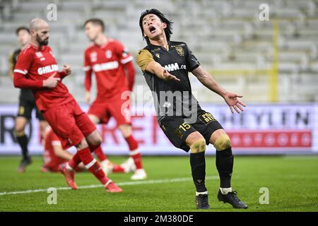 Daichi Hayashi de STVV photographié lors d'un match de football entre le FC RAFC Royal Anvers et le VV Sint-Truidense, mardi 25 janvier 2022 à Anvers, le 24 jour de la première division du championnat belge de la « Jupiler Pro League » 2021-2022. BELGA PHOTO TOM GOYVAERTS Banque D'Images