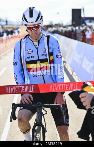 Belge Daan Soete photographié avant la course mixte Team Relay au Championnat du monde de cyclisme de cyclocross à Fayetteville, États-Unis, vendredi 28 janvier 2022. Les championnats du monde ont lieu du 28 au 30 janvier. BELGA PHOTO DAVID STOCKMAN Banque D'Images