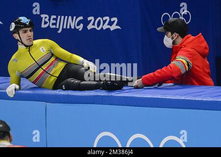 Stijn Desmet, patineuse belge à courte piste, photographiée lors du tournoi masculin Shorttrack 1000m aux Jeux Olympiques d'hiver de Beijing 2022 à Beijing, en Chine, le samedi 05 février 2022. Les Jeux olympiques d'hiver se tiendront du 4 au 20 février 2022. BELGA PHOTO LAURIE DIEFFEMBACQ Banque D'Images