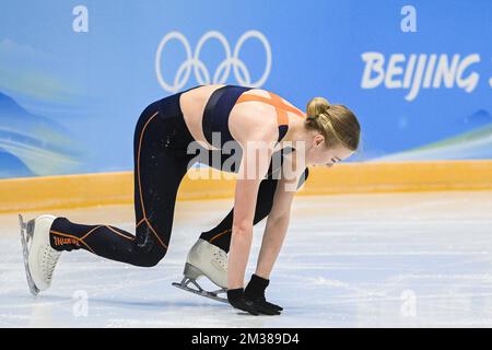 Lindsay Van Zundert, patineuse artistique néerlandaise, photographiée en action lors d'une session d'entraînement lors des Jeux Olympiques d'hiver de Beijing 2022 à Beijing, en Chine, le vendredi 11 février 2022. Les Jeux olympiques d'hiver se tiendront du 4 au 20 février 2022. BELGA PHOTO LAURIE DIEFFEMBACQ Banque D'Images