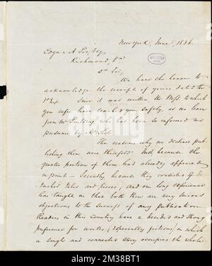 Harper and Brothers, New York, lettre autographe signée à Edgar Allan PoE, [19] juin 1836, littérature américaine, 19th Century, Histoire et critique, auteurs, American, 19th Century, correspondance, auteurs et éditeurs, Poets, Américain, 19th siècle, correspondance. Papiers Rufus W. Griswold Banque D'Images