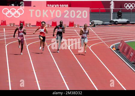 03 août 2021: Femi Ogunode, du Qatar, Jun Yamashita, du Japon, Kyle Geaux, de Trinité-et-Tobago, et André de Grasse, du Canada, qui se présentent au MenÕs 200m Round pendant la compétition d'athlétisme au stade olympique de Tokyo, au Japon. Daniel Lea/CSM} Banque D'Images