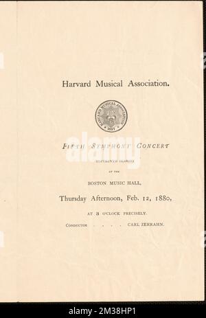 Harvard musical Association cinquième concert symphonique, (quinzième saison), au Boston Music Hall, jeudi après-midi, 12 février 1880 , concerts, Boston Music Hall Boston, Massachusetts, Harvard musical Association, Zerrahn, Carl, 1826-1909, Homer, Louise, 1871-1947, Berlioz, Hector, 1803-1869. Graupner et Early Boston musical scores plus Boston Music Hall Ephemera Banque D'Images