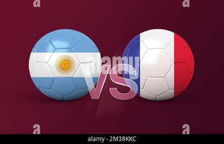 Football final football avec Argentine vs france 3D drapeaux de ballon de football sur fond rouge. 3D illustration. Banque D'Images