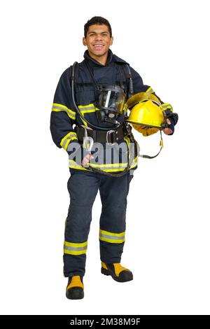 Un pompier souriant regarde la caméra isolée sur blanc Banque D'Images