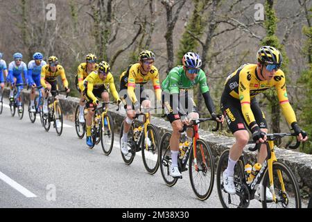 Jumbo-Visma Riders, slovène Primoz Rogall de Jumbo-Visma, néerlandais Steven Kruijswijk de Jumbo-Visma et belge Wout Van Aert de Team Jumbo-Visma photographié en action pendant la phase 7 de l'édition 80th de la course cycliste Paris-Nice, de Nice à la Bollene-Vesubie (Col de Turini) (155,2 km) en France, Samedi 12 mars 2022. BELGA PHOTO DAVID STOCKMAN Banque D'Images