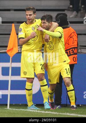 Christian Pulisic de Chelsea célèbre après avoir marqué le match de retour de la finale 1/8 de la Ligue des champions de l'UEFA entre l'équipe française de football LOSC Lille et le FC anglaise Chelsea, le mercredi 16 mars 2022 à Lille. BELGA PHOTO VIRGINIE LEFOUR Banque D'Images