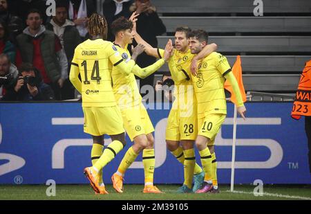 Christian Pulisic de Chelsea célèbre après avoir marqué le match de retour de la finale 1/8 de la Ligue des champions de l'UEFA entre l'équipe française de football LOSC Lille et le FC anglaise Chelsea, le mercredi 16 mars 2022 à Lille. BELGA PHOTO VIRGINIE LEFOUR Banque D'Images