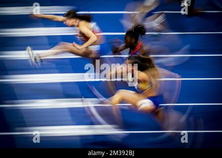 Zoe Sedney Dutch photographié en action pendant les épreuves de la course femme 60m haies le deuxième jour des Championnats du monde d'athlétisme en salle, à Belgrade, Serbie, samedi 19 mars 2022. Les championnats ont lieu du 18 au 20 mars. BELGA PHOTO JASPER JACOBS Banque D'Images