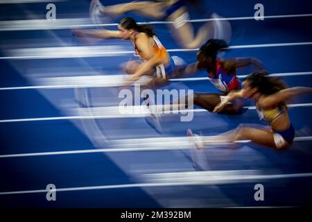 Zoe Sedney Dutch photographié en action pendant les épreuves de la course femme 60m haies le deuxième jour des Championnats du monde d'athlétisme en salle, à Belgrade, Serbie, samedi 19 mars 2022. Les championnats ont lieu du 18 au 20 mars. BELGA PHOTO JASPER JACOBS Banque D'Images