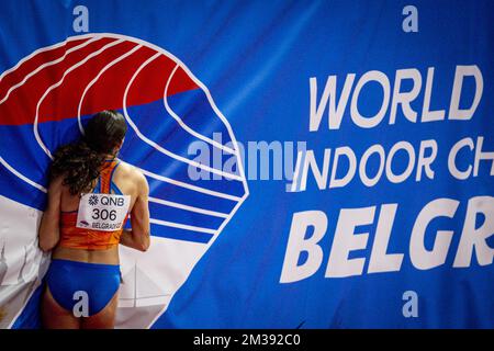 Zoe Sedney Dutch photographié en action pendant les épreuves de la course femme 60m haies le deuxième jour des Championnats du monde d'athlétisme en salle, à Belgrade, Serbie, samedi 19 mars 2022. Les championnats ont lieu du 18 au 20 mars. BELGA PHOTO JASPER JACOBS Banque D'Images