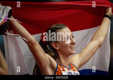 Dutch Femke bol photographié le deuxième jour des Championnats du monde d'athlétisme en salle, à Belgrade, Serbie, le samedi 19 mars 2022. Les championnats ont lieu du 18 au 20 mars. BELGA PHOTO JASPER JACOBS Banque D'Images