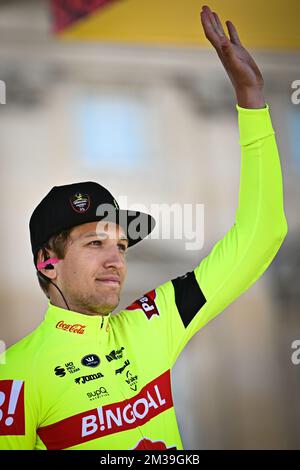Néerlandais Bas Tietema de Bingoal Pauwels sauces WB au début de l'édition 119th de la course d'élite masculine de l'épreuve cycliste 'Paris-Roubaix', à 257,2 km de Paris à Roubaix, France, le dimanche 17 avril 2022. BELGA PHOTO JASPER JACOBS Banque D'Images