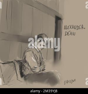 Ce dessin de Jonathan Decesare montre l'accusé Alexander Dean lors de la première session de la Cour d'assises de Flandre Occidentale contre A. Dean, à Bruges, le vendredi 06 mai 2022. Dean est jugé pour quatre meurtres sur son ex-amie Mailys Descamps, ses grands-parents Gery Cappon et Marie-Jose Vanleene et le photographe basé à Gand Jeroen Verstraete. BELGA PHOTO KURT DESPLENTER BELGA PHOTO JONATHAN DECESARE Banque D'Images