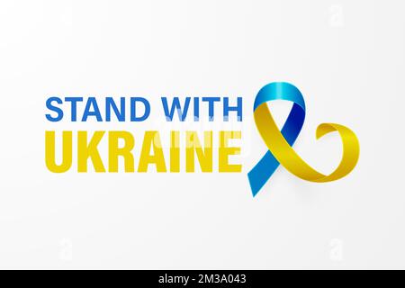 Tenez-vous avec l'Ukraine. Appel anti-guerre avec le petit bol de la paix avec ruban de soie bleu et jaune. Couleurs des drapeaux ukraniens. Lutte, protestation, soutien à l'Ukraine Illustration de Vecteur