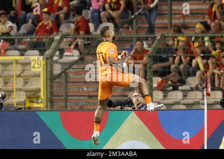 Le Memphis Delay des pays-Bas célèbre après avoir misé lors d'un match de football entre l'équipe nationale belge des Red Devils et les pays-Bas, le vendredi 03 juin 2022 à Bruxelles, le premier match (sur six) dans la scène de groupe de la Ligue des Nations A. BELGA PHOTO BRUNO FAHY Banque D'Images