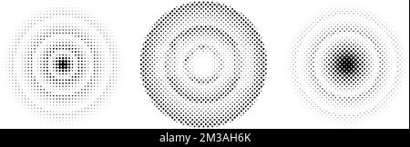 Cercles concentriques demi-tons définis. Collection de bagues de texture de bande dessinée. Collection de dégradés ronds. Eléments de conception radiaux. Épicentre, cible, radar Illustration de Vecteur
