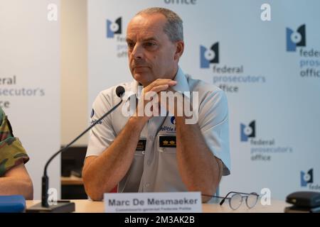 Commissaire général de la police fédérale Marc de Mesmaeker photographié lors d'une conférence de presse du parquet fédéral, Affaires étrangères, police fédérale et Défense, concernant le rapatriement des FEMMES et des enfants belges, à Bruxelles, le mardi 21 juin 2022. La nuit dernière, la Belgique a de nouveau rapatrié des femmes et des enfants de camps en Syrie. Les enfants ont tous moins de 12 ans. Le mois dernier, il a été annoncé que la Belgique avait organisé une nouvelle mission consulaire en Syrie. Une équipe d'enquête belge s'est rendue au camp de Roj, où un certain nombre de mères belges pouvaient être associ Banque D'Images