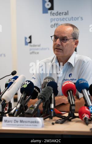 Commissaire général de la police fédérale Marc de Mesmaeker photographié lors d'une conférence de presse du parquet fédéral, Affaires étrangères, police fédérale et Défense, concernant le rapatriement des FEMMES et des enfants belges, à Bruxelles, le mardi 21 juin 2022. La nuit dernière, la Belgique a de nouveau rapatrié des femmes et des enfants de camps en Syrie. Les enfants ont tous moins de 12 ans. Le mois dernier, il a été annoncé que la Belgique avait organisé une nouvelle mission consulaire en Syrie. Une équipe d'enquête belge s'est rendue au camp de Roj, où un certain nombre de mères belges pouvaient être associ Banque D'Images