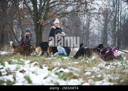 Concept de travail caritatif. Les amateurs de chiens se portent volontaires dans un abri privé pour chiens et promènent d'adorables chiens de race mixte dans la forêt voisine. Photo de haute qualité Banque D'Images