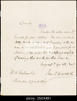 Horace Binney Wallace, Philadelphie, PA., lettre autographe signée à George R. Graham, 29 octobre 1849 , littérature américaine, 19th Century, Histoire et critique, auteurs, American, 19th Century, correspondance, auteurs et éditeurs, Poets, American, 19th Century, Correspondence, Griswold, Rufus W. Rufus Wilmot, 1815-1857. Papiers Rufus W. Griswold Banque D'Images