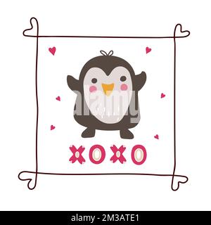 Cute penguin in simple frame with hand drawn lettering XOXO. Doodle kawaii style illustration. Illustration de Vecteur