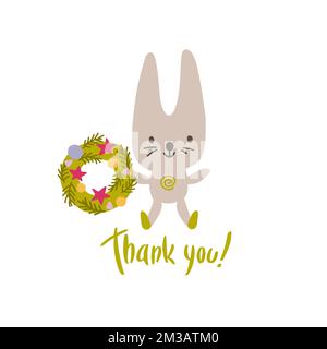 Bunny with hand drawn lettering Thank you. Doodle kawaii style illustration. Stock Vector