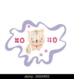Joli chaton encadré avec lettrage XOXO dessiné à la main. Illustration de style Doodle kawaii. Illustration de Vecteur