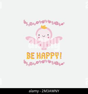 Framed pink angel hand drawn lettering Be happy. Doodle kawaii style illustration. Illustration de Vecteur