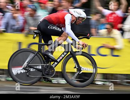 Français Pierre-Luc Perichon de Cofidis photographié en action lors de la première étape de la course cycliste Tour de France, un essai individuel de 13 km à Copenhague, Danemark, vendredi 01 juillet 2022. Le Tour de France de cette année a lieu du 01 au 24 juillet 2022 et commence par trois étapes au Danemark. BELGA PHOTO DAVID STOCKMAN Banque D'Images