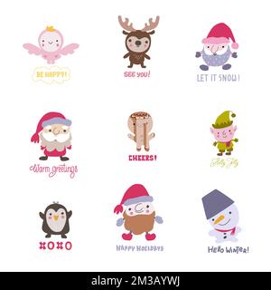 Collection de personnages de Noël et du nouvel an avec lettres dessinées à la main. Illustration de Vecteur