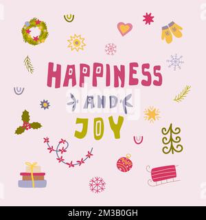 Lettrage dessiné à la main Happiness and Joy avec éléments de décoration de Noël. Illustration de style Doodle. Illustration de Vecteur