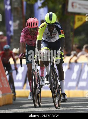 Le Biniam Girmay Hailu érythréen de l'Intermarche Wanty-Gobert Materiaux est photographié lors de la première étape de la course cycliste Tour de Wallonie, de Temploux à Huy (173,85 km), le samedi 23 juillet 2022. BELGA PHOTO JOHN THYS Banque D'Images