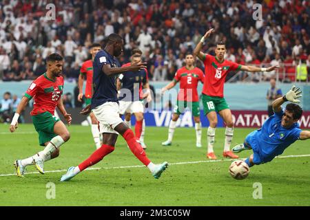 Al Khor, Qatar. 14th Dec, 2022. Randal Kolo Muani of France scores his team's second goal during the 2022 FIFA World Cup Semi-Final match at Al Bayt Stadium in Al Khor, Qatar on December 14, 2022. Photo by Chris Brunskill/UPI Credit: UPI/Alamy Live News Stock Photo