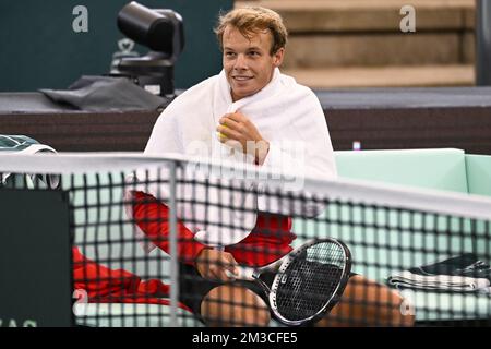 Michael Geerts Belge photographié lors d'une session d'entraînement de l'équipe belge lors de la phase de groupe de la finale de la coupe Davis 2022, vendredi 16 septembre 2022, à Hambourg, en Allemagne. La Belgique se disputera du 13 au 18 septembre contre l'Australie, l'Allemagne et la France dans le groupe C. BELGA PHOTO LAURIE DIEFFEMBACQ Banque D'Images