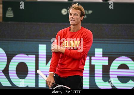 Michael Geerts Belge photographié lors d'une session d'entraînement de l'équipe belge lors de la phase de groupe de la finale de la coupe Davis 2022, vendredi 16 septembre 2022, à Hambourg, en Allemagne. La Belgique se disputera du 13 au 18 septembre contre l'Australie, l'Allemagne et la France dans le groupe C. BELGA PHOTO LAURIE DIEFFEMBACQ Banque D'Images
