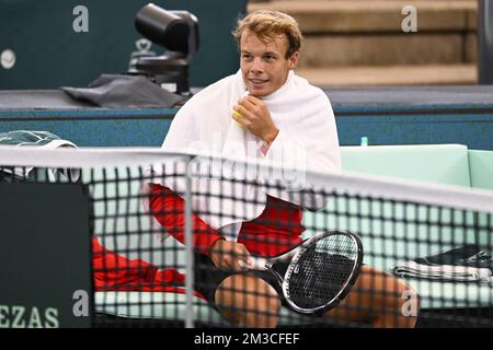 Michael Geerts Belge photographié lors d'une session d'entraînement de l'équipe belge lors de la phase de groupe de la finale de la coupe Davis 2022, vendredi 16 septembre 2022, à Hambourg, en Allemagne. La Belgique se disputera du 13 au 18 septembre contre l'Australie, l'Allemagne et la France dans le groupe C. BELGA PHOTO LAURIE DIEFFEMBACQ Banque D'Images