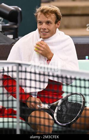 Michael Geerts Belge photographié lors d'une session d'entraînement de l'équipe belge lors de la phase de groupe de la finale de la coupe Davis 2022, vendredi 16 septembre 2022, à Hambourg, en Allemagne. La Belgique se disputera du 13 au 18 septembre contre l'Australie, l'Allemagne et la France dans le groupe C. BELGA PHOTO LAURIE DIEFFEMBACQ Banque D'Images