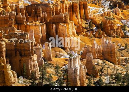 gros plan téléobjectif des hoodoos du parc national de bryce canyon illuminés par le soleil éclairant les rouges, les oranges, les roses et les blancs. Banque D'Images