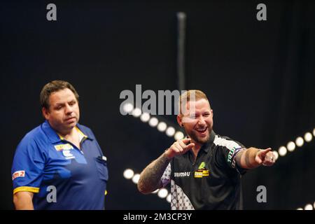 Dutch Danny Noppert photographié pendant la troisième journée de l'Open des fléchettes belges, dimanche 25 septembre 2022 à Wieze, un tournoi de la tournée européenne qui a lieu de 23 septembre à 25 septembre. PHOTO DE BELGA JEF MATTSEE Banque D'Images