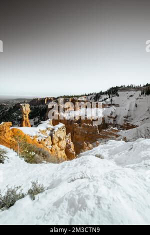 Photo monochrome aux beaux-arts du parc national de bryce Canyon pendant la journée en hiver avec de la neige au sol Banque D'Images