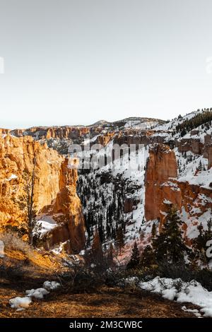 Photo monochrome aux beaux-arts du parc national de bryce Canyon pendant la journée en hiver avec de la neige au sol Banque D'Images